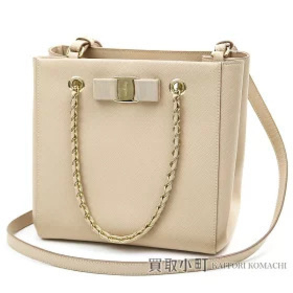 Salvatore Ferragamo Vara Ribbon Tote Bag Beige Calfskin Shoulder Chain Handle